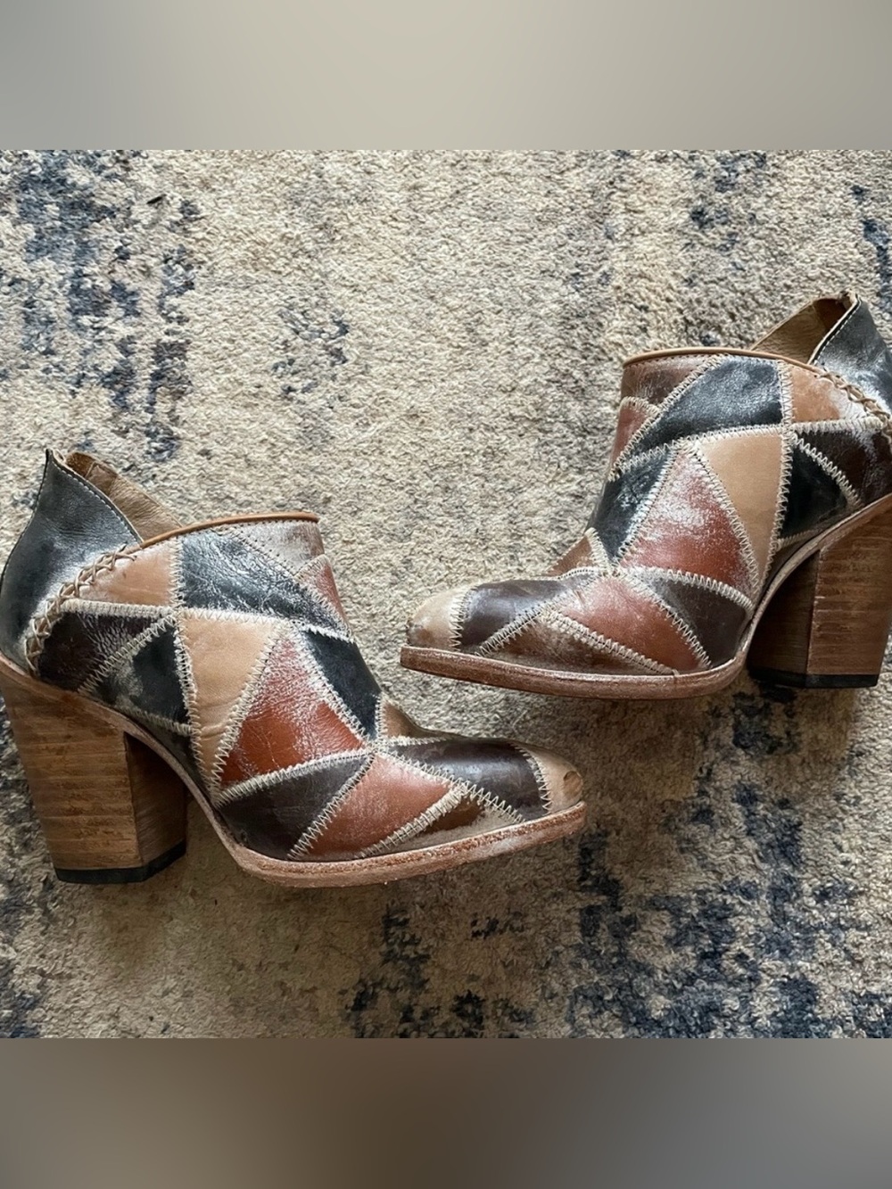 Freebird Patchwork Leather High Block Heel Booties - Brown Multi